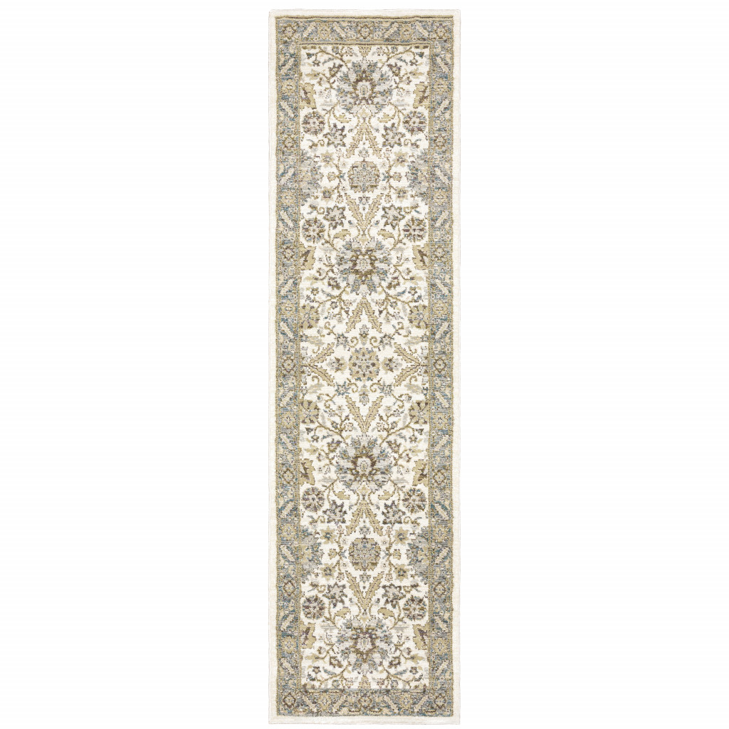 2 x 8 ft. Stone Gray Ivory Green Brown Teal & Light Blue Oriental Power Loom Stain Resistant Runner Area Rug