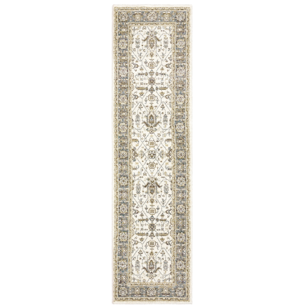 510093 2 x 8 ft. Ivory Gray & Blue Oriental Power Loom Stain Resistant Runner Area Rug