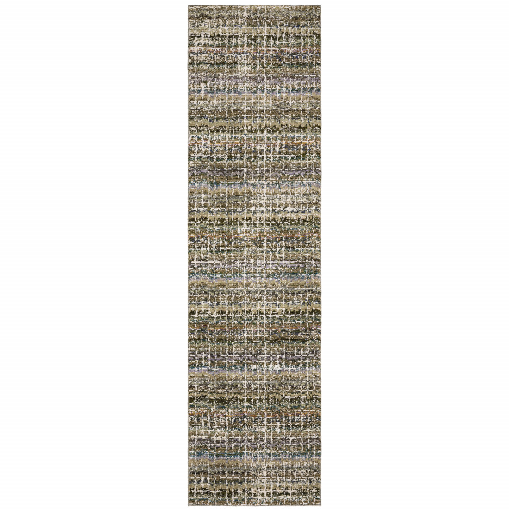 2 x 8 ft. Abstract Power Loom Stain Resistant Runner Rug, Green, Grey & Purple