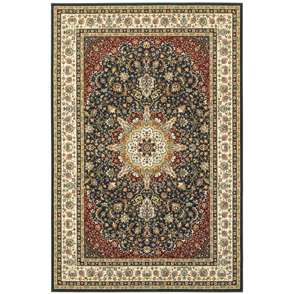 8 x 11 ft. Navy & Ivory Oriental Power Loom Stain Resistant Rectangle Area Rug - Navy and Ivory