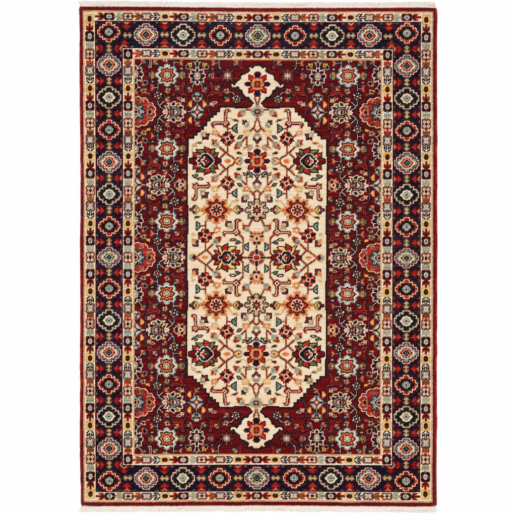 2 x 3 ft. Red Ivory Blue & Orange Oriental Power Loom Stain Resistant Rectangle Area Rug with Fringe