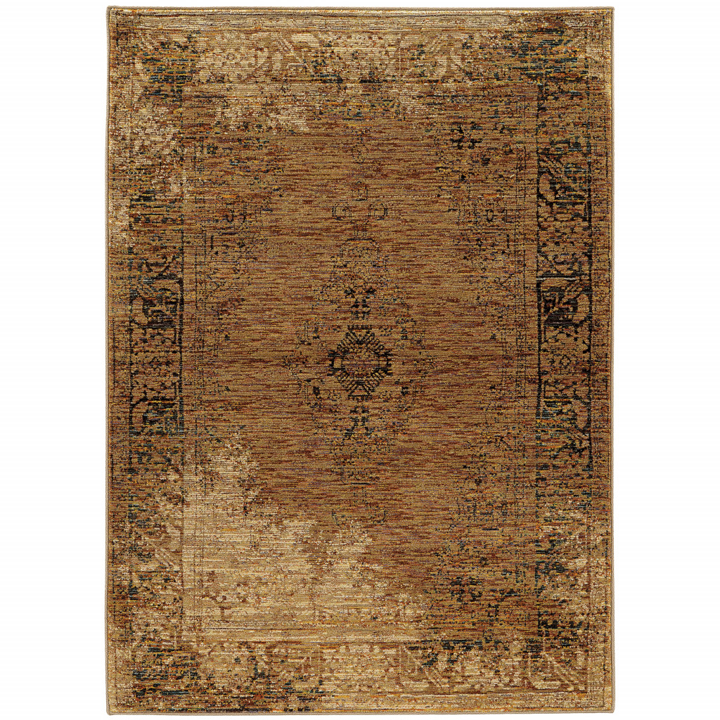 3 x 5 ft. Gold & Brown Oriental Power Loom Stain Resistant Rectangle Area Rug - Brown - 3 x 5 ft.