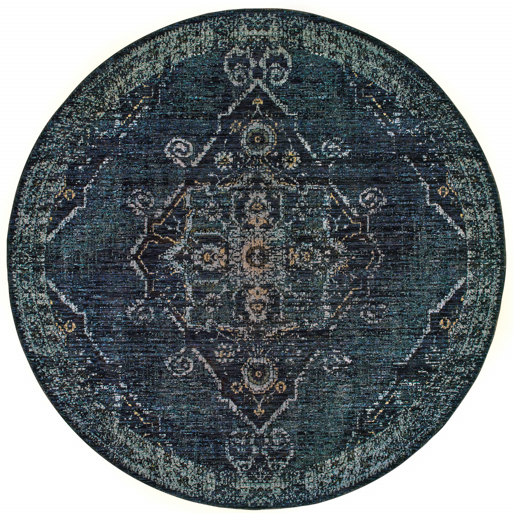 8 ft. Oriental Power Loom Stain Resistant Round Rug, Blue & Brown