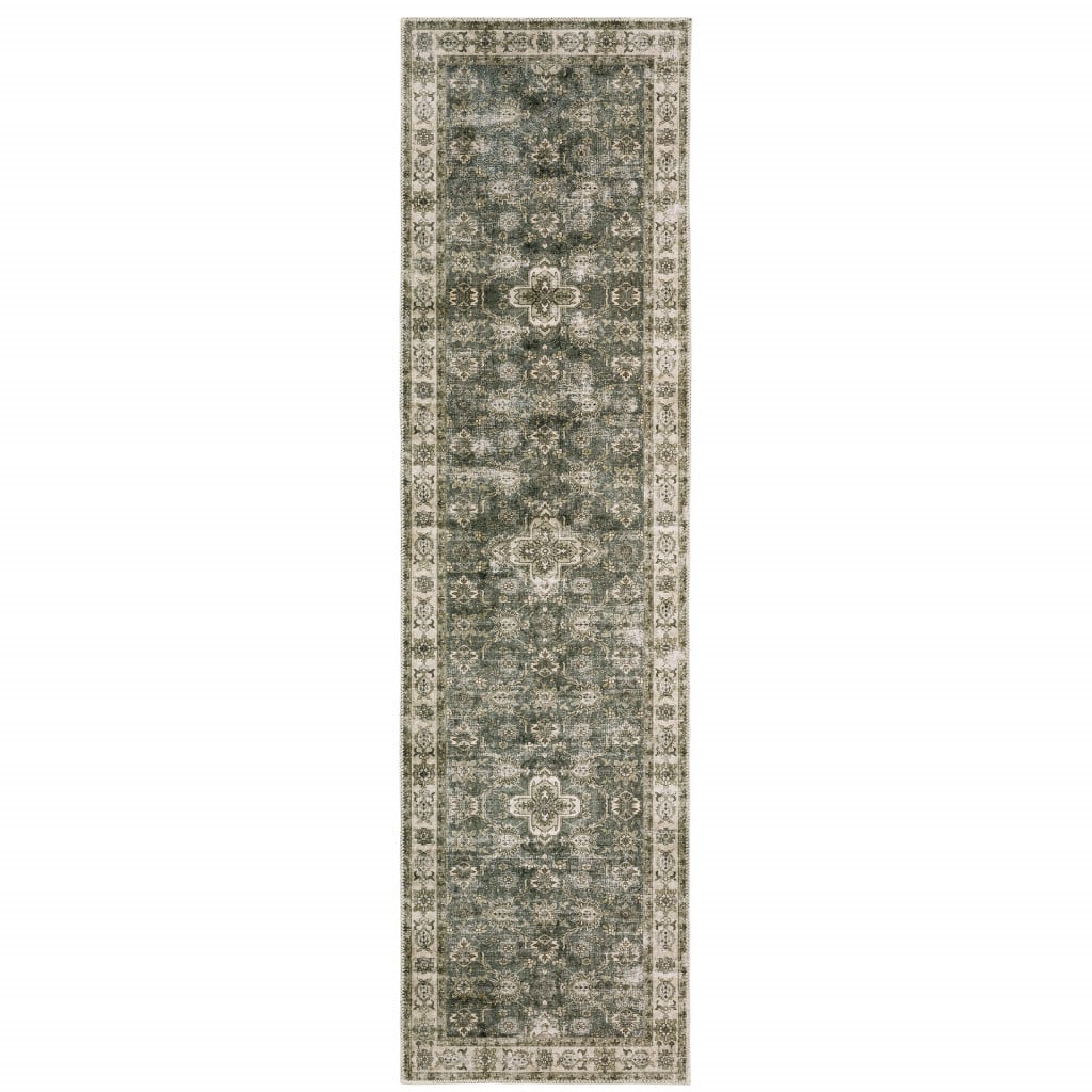 2 x 8 ft. Blue & Beige Oriental Printed Stain Resistant Non Skid Runner Area Rug - Blue and Beige - 2 x 8 ft.