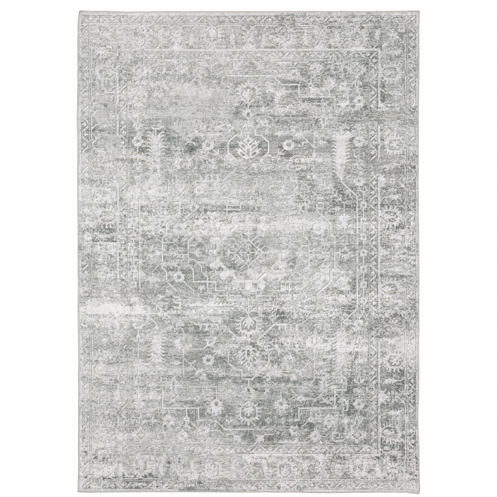 510655 2 x 3 ft. Sage Green Gray Ivory & Silver Oriental Printed Stain Resistant Non Skid Rectangle Area Rug