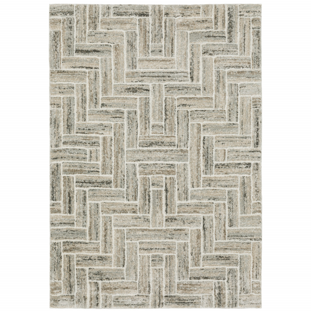 10 x 13 ft. Ivory Beige Gray Brown Pale Blue & Charcoal Geometric Power Loom Stain Resistant Rectangle Area Rug