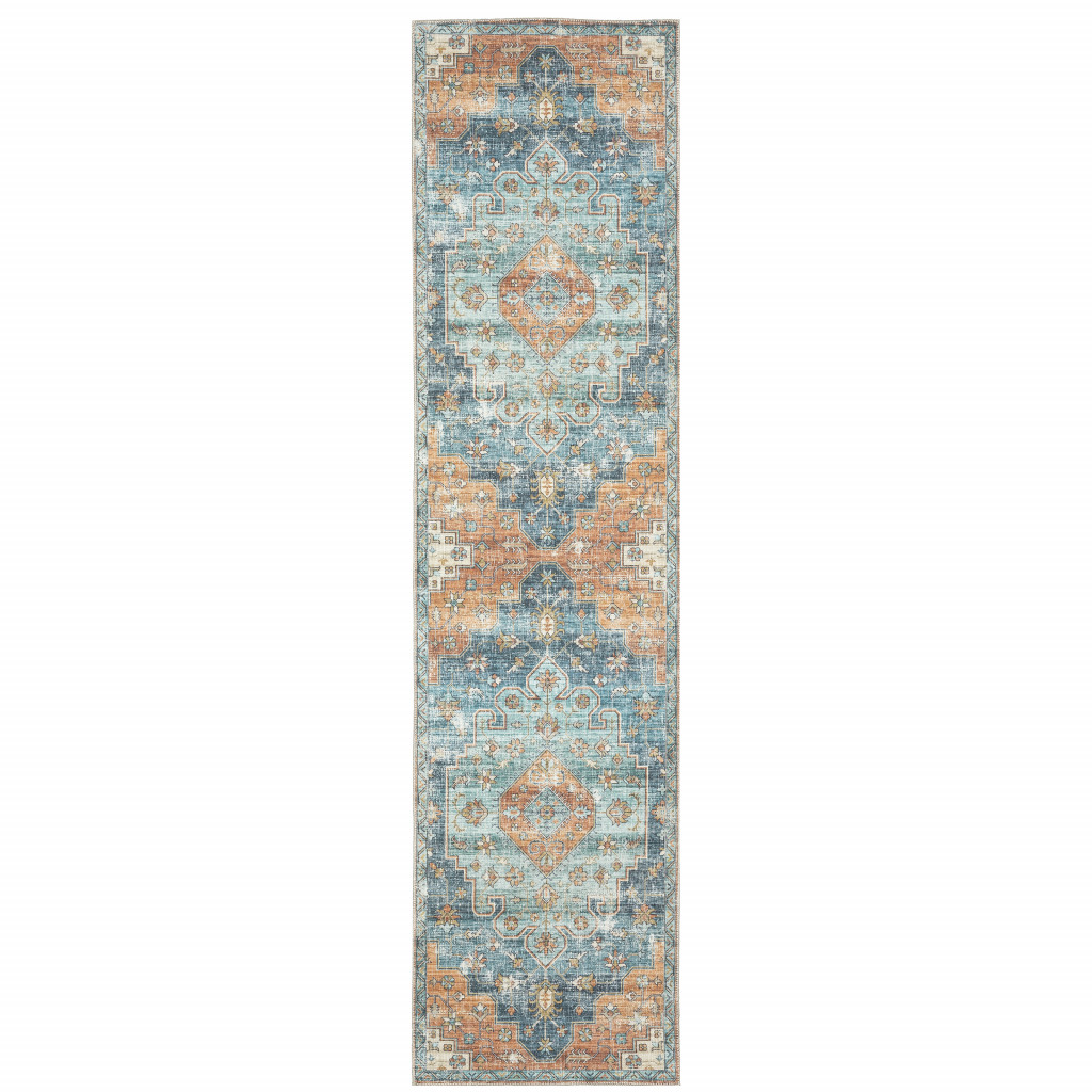 509521 2 x 8 ft. Orange Blue Teal Green & Beige Oriental Power Loom Stain Resistant Runner Area Rug -  HomeRoots