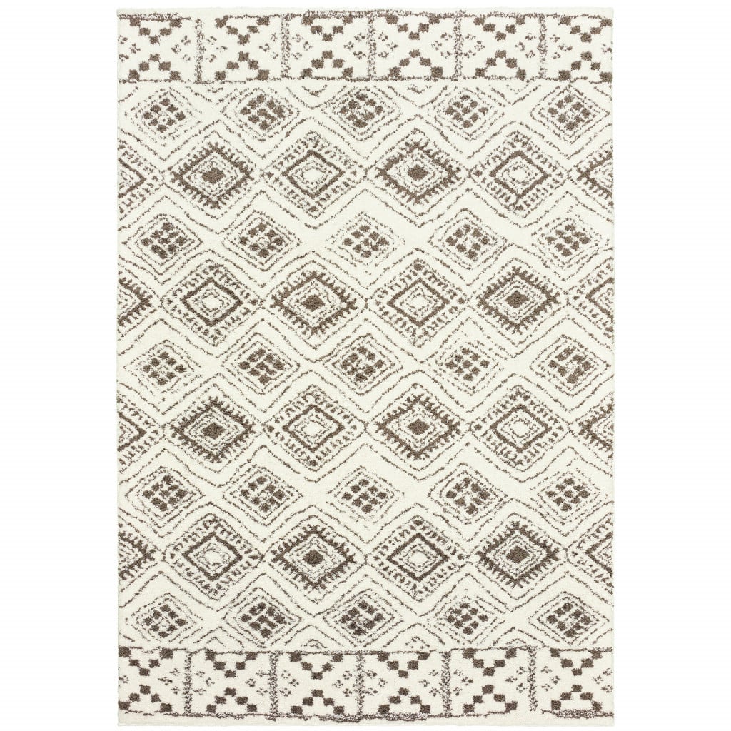 Ivory & Brown Geometric Shag Power Loom Stain Resistant Rectangle Area Rug