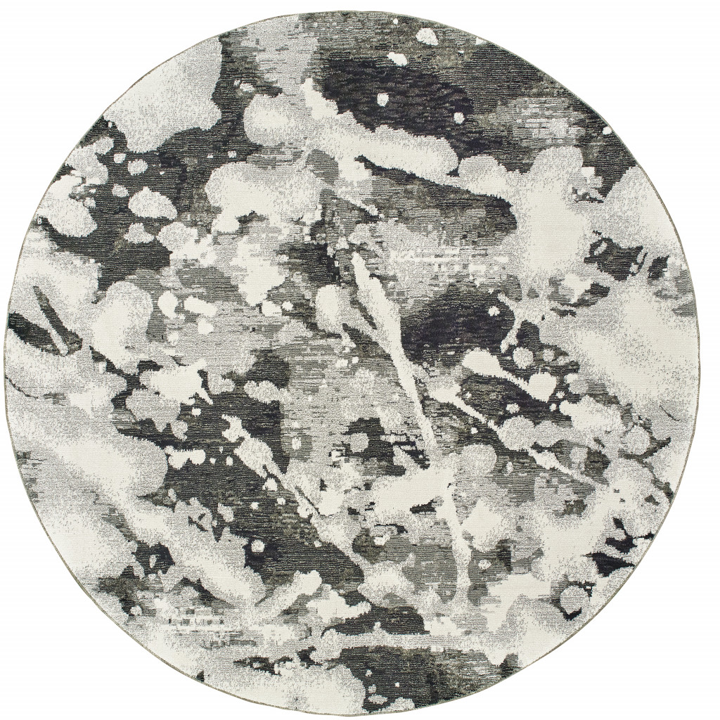 8 ft. Charcoal & White Abstract Power Loom Stain Resistant Round Area Rug - Gray and White