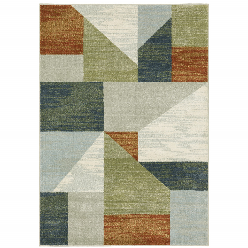 8 x 10 ft. Gray Teal Blue Rust Green & Ivory Geometric Power Loom Stain Resistant Rectangle Area Rug