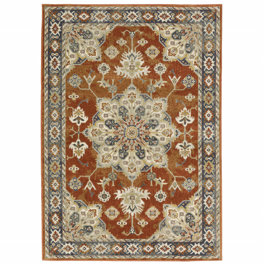 6 x 9 ft. Rust Beige Teal Blue & Gold Oriental Power Loom Stain Resistant Rectangle Area Rug