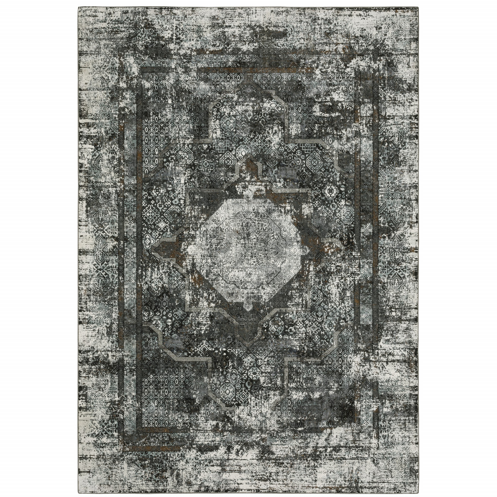 5 x 8 ft. Charcoal Rust Gray Blue Ivory & Brown Oriental Power Loom Stain Resistant Rectangle Area Rug - Gray and Ivory - 5 x 8 ft.