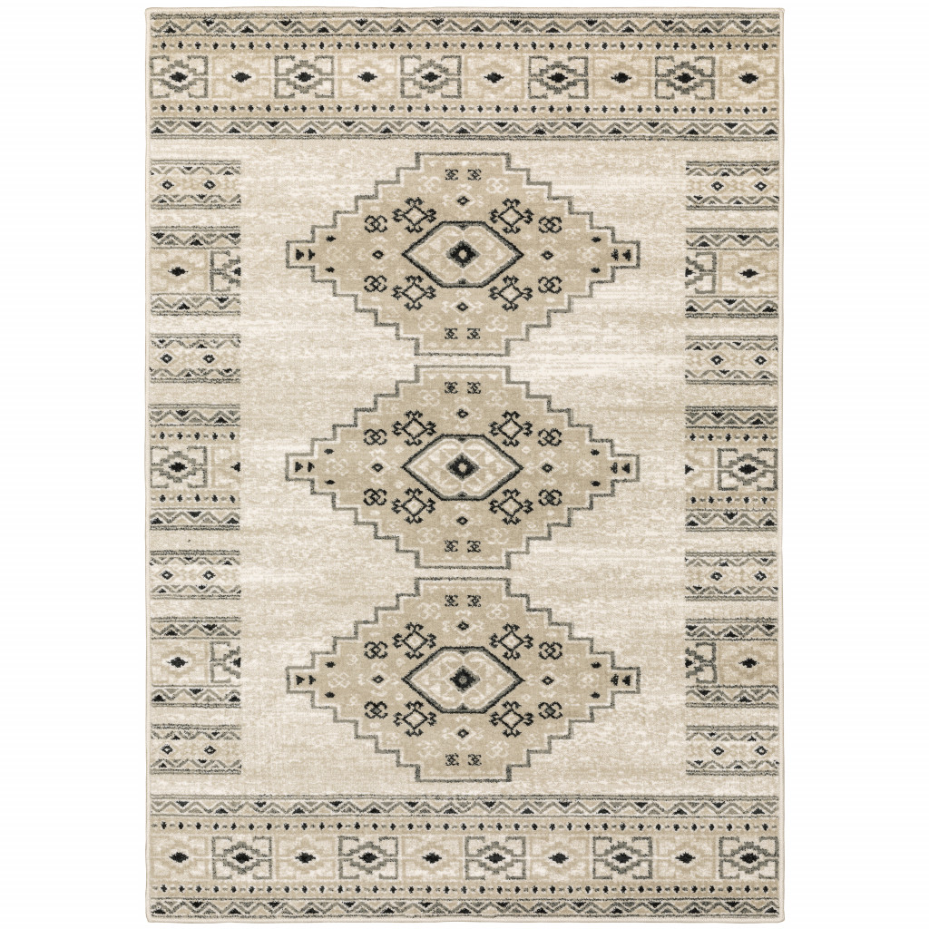 6 x 9 ft. Ivory Gray Black & Ivory Southwestern Power Loom Stain Resistant Rectangle Area Rug