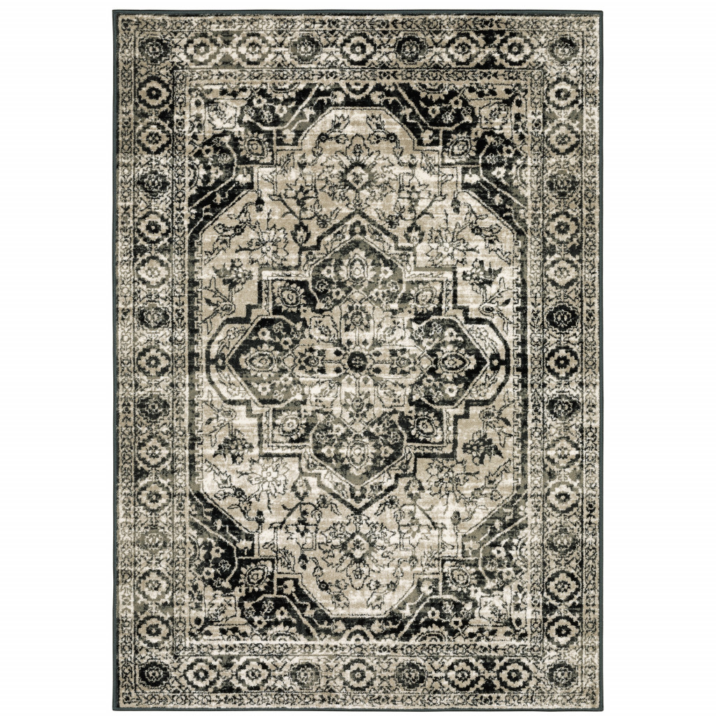 6 x 9 ft. Black Gray Tan & Ivory Oriental Power Loom Stain Resistant Rectangle Area Rug