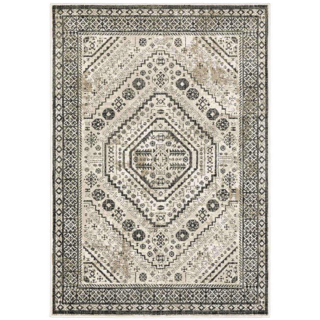 5 x 7 ft. Ivory Gray Black & Ivory Oriental Power Loom Stain Resistant Rectangle Area Rug - Ivory Gray Black and Ivory - 5 x 7 ft.