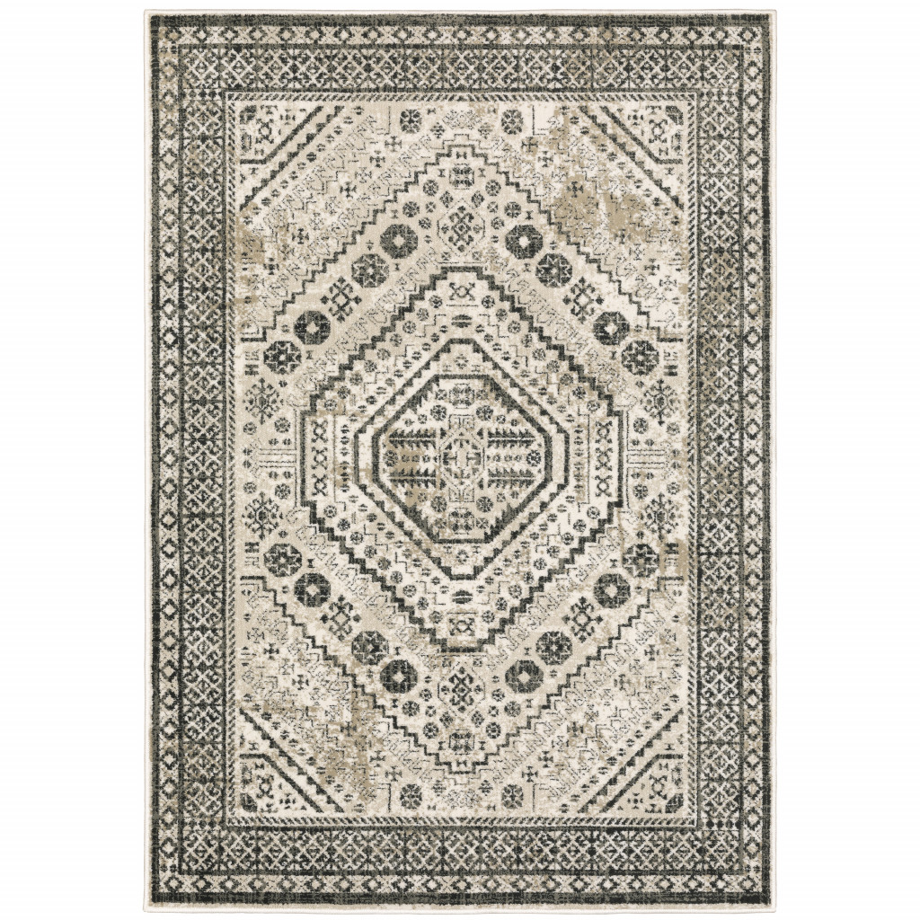 10 x 13 ft. Ivory Gray Black & Ivory Oriental Power Loom Stain Resistant Rectangle Area Rug