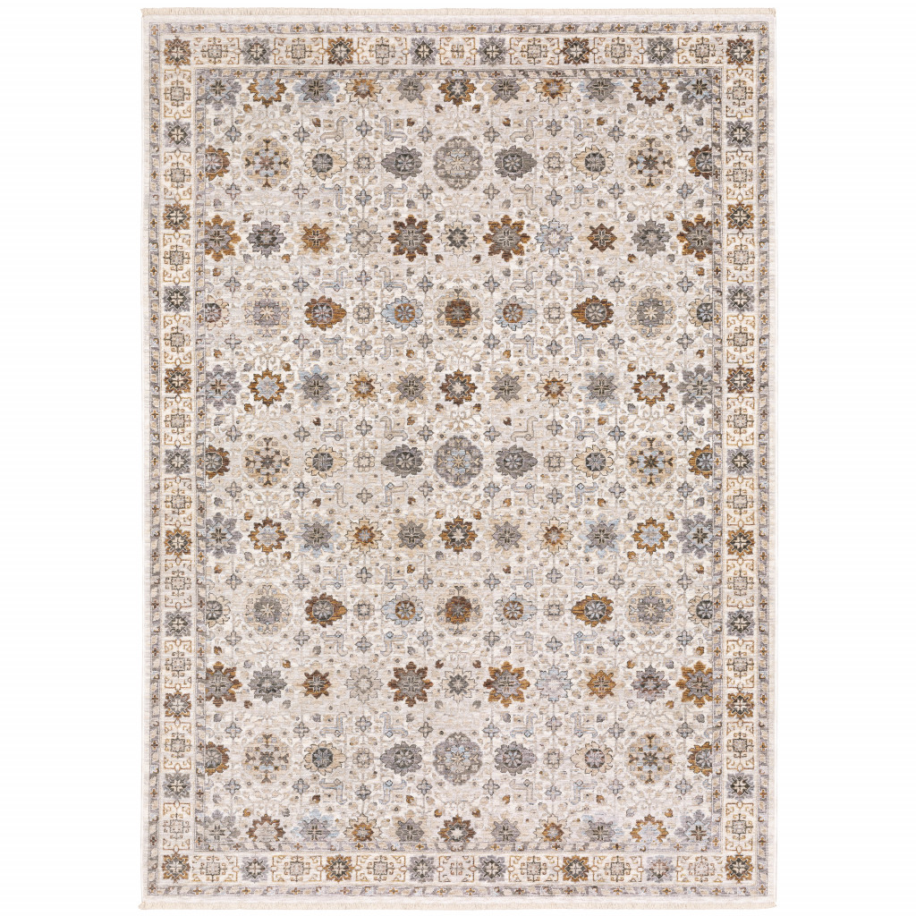 5 x 8 ft. Ivory & Gold Oriental Power Loom Stain Resistant Rectangle Area Rug with Fringe