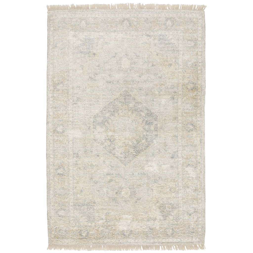 509453 10 x 13 ft. Beige & Gray Oriental Hand Loomed Stain Resistant Rectangle Area Rug with Fringe
