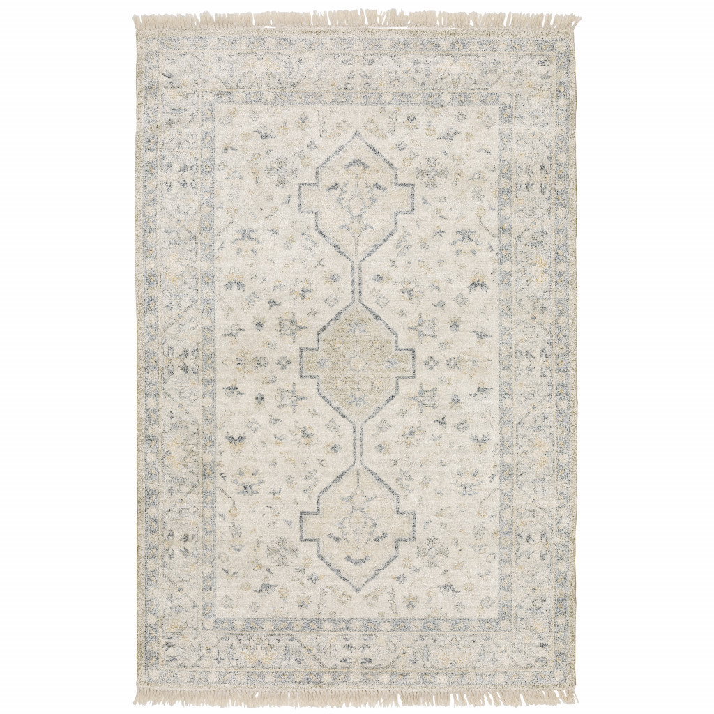509459 5 x 8 ft. Beige & Charcoal Oriental Hand Loomed Stain Resistant Rectangle Area Rug with Fringe