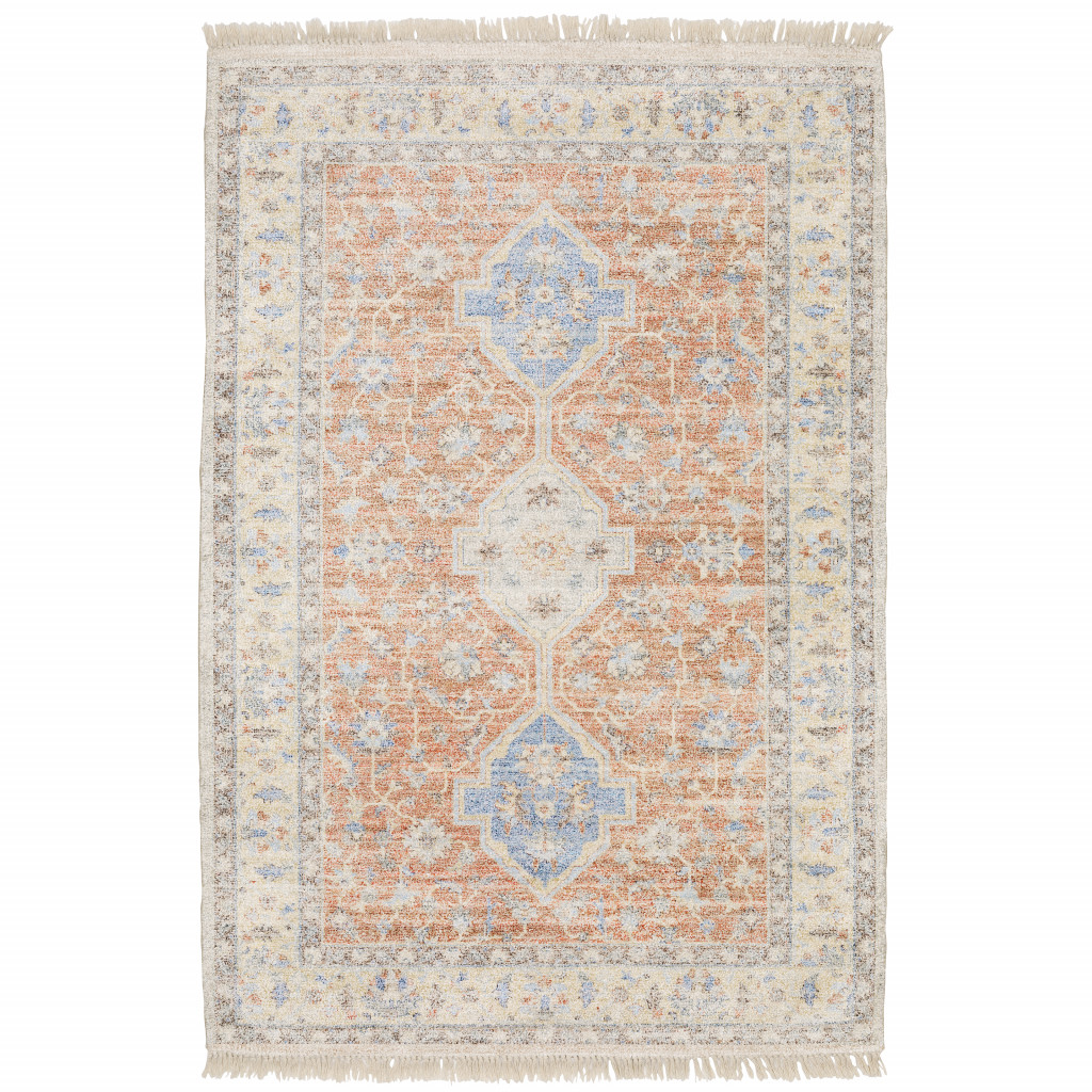 509461 10 x 13 ft. Orange & Blue Oriental Hand Loomed Stain Resistant Rectangle Area Rug with Fringe