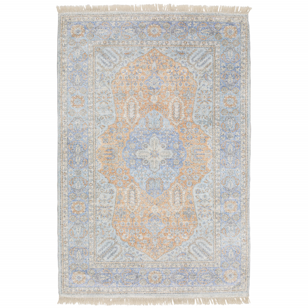 Blue & Red Oriental Hand Loomed Stain Resistant Rectangle Area Rug with Fringe - 10 x 13 ft.