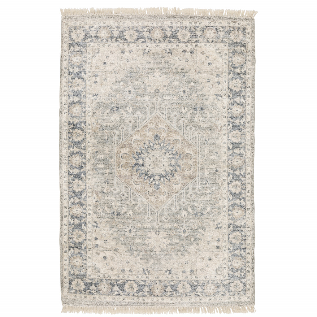 509469 10 x 13 ft. Beige & Gray Oriental Hand Loomed Stain Resistant Rectangle Area Rug with Fringe