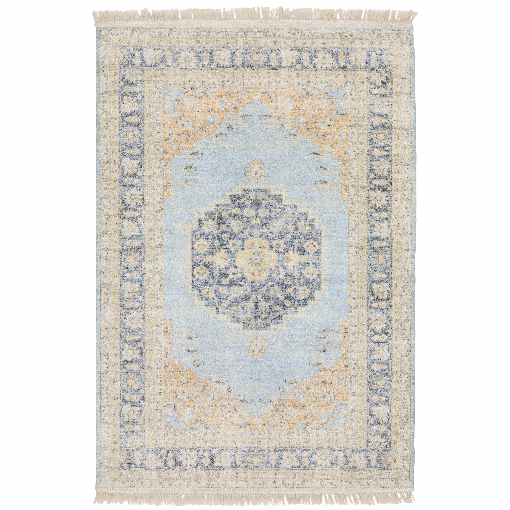 5 x 8 ft. Blue & Beige Oriental Hand Loomed Stain Resistant Rectangle Area Rug with Fringe
