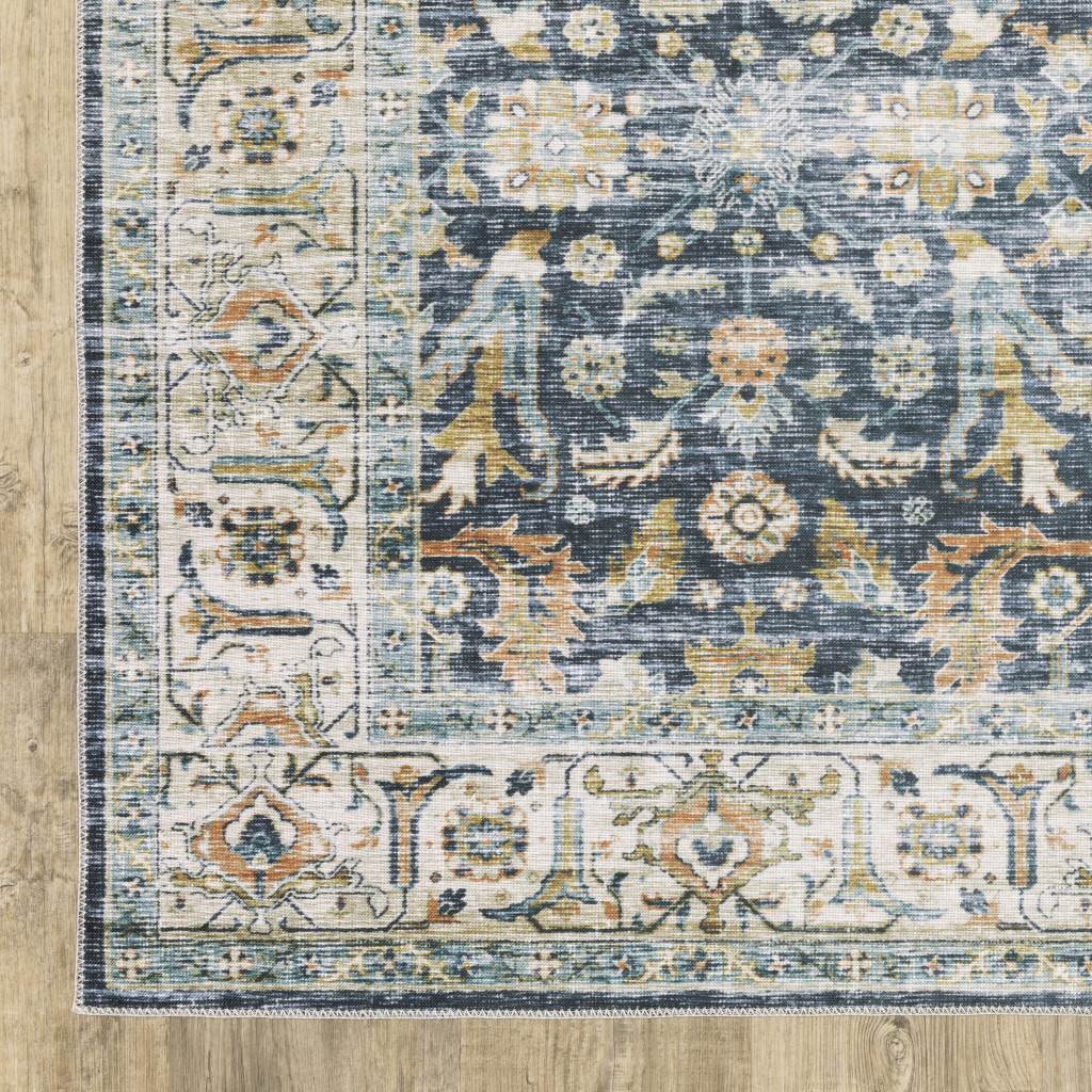 2 x 3 ft. Blue Gold Rust Ivory & Olive Oriental Printed Stain Resistant Non Skid Rectangle Area Rug