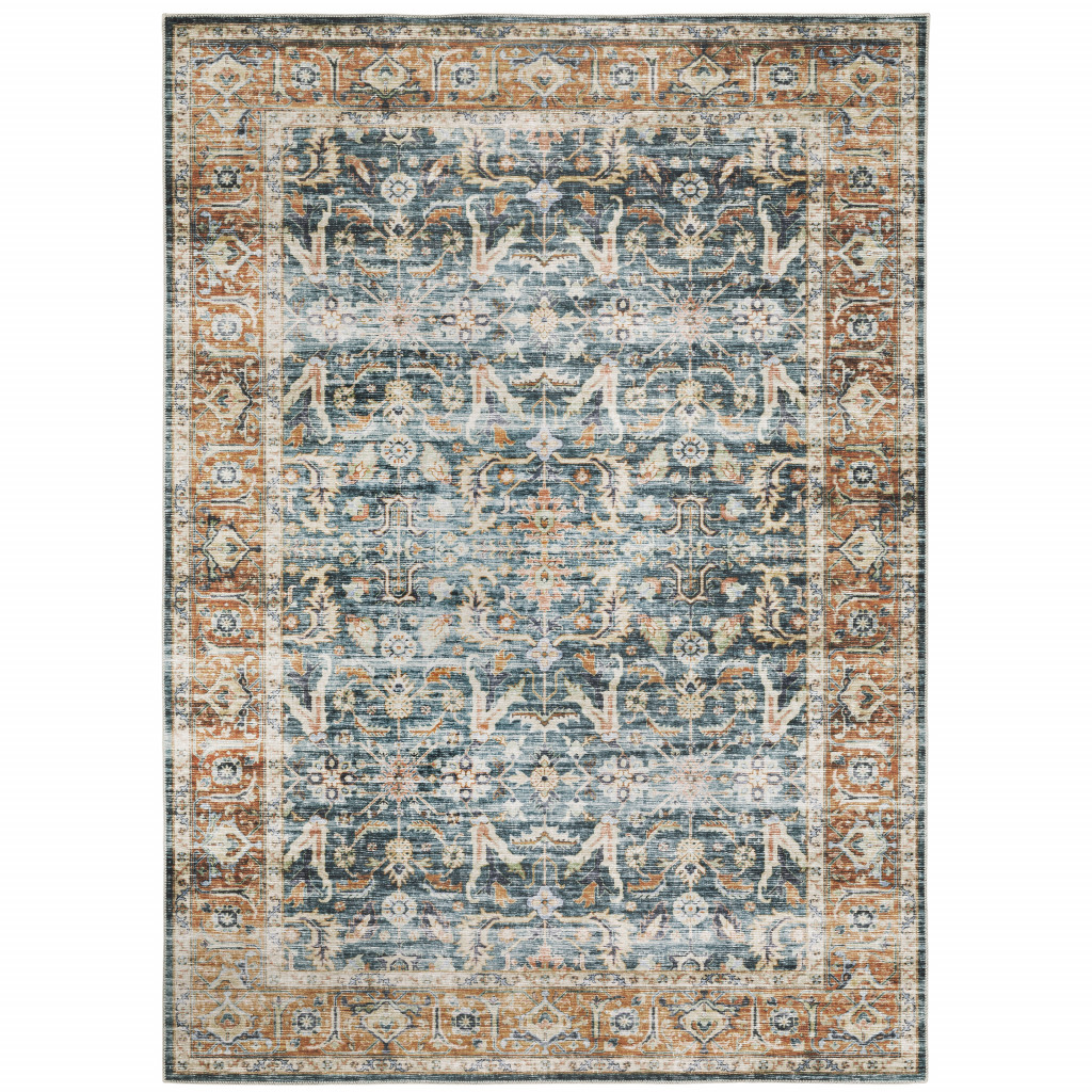 5 x 7 ft. Blue Rust Gold & Olive Oriental Printed Stain Resistant Non Skid Rectangle Area Rug - Blue and Beige