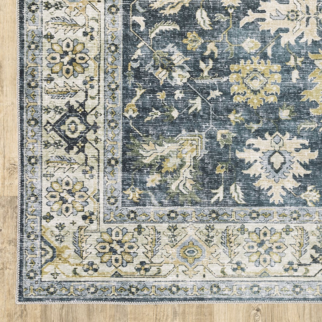 5 x 7 ft. Blue Gold Green & Ivory Oriental Printed Stain Resistant Non Skid Rectangle Area Rug