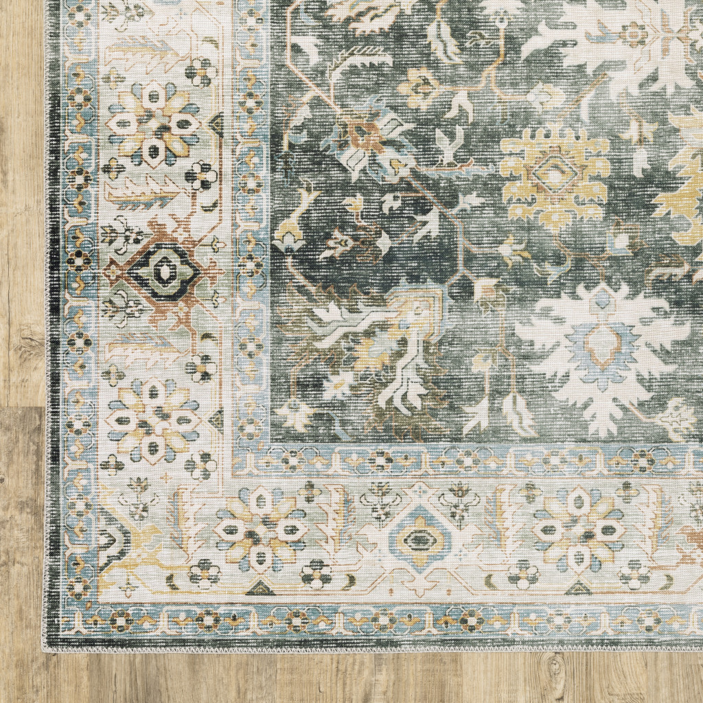 4 x 6 ft. Gray Charcoal Gold Brown Ivory Pale Sage & Light Blue Oriental Printed Stain Resistant Non Skid Rectangle Area Rug
