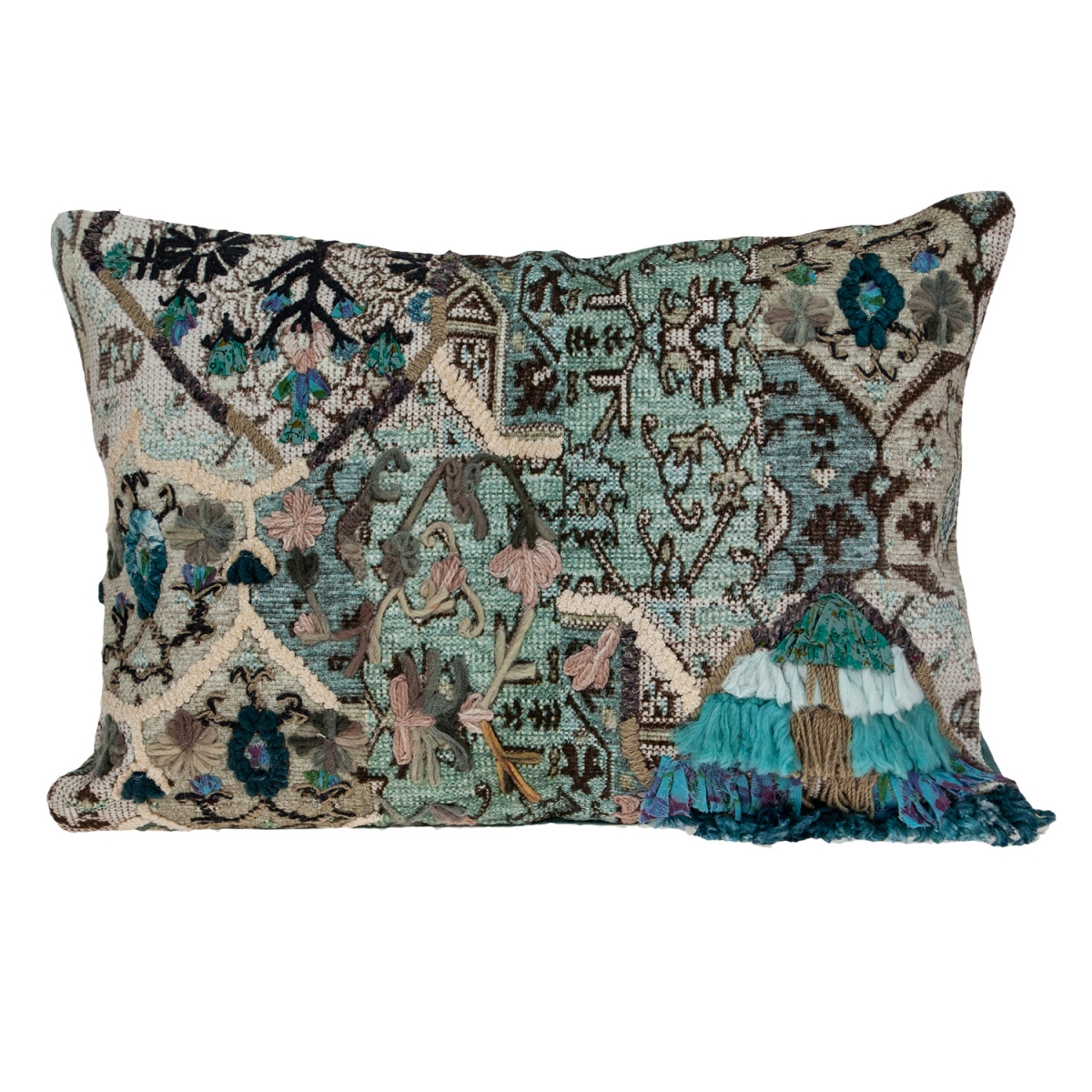 476162 6 x 14 x 20 in. Beige & Green Zippered 100 Percent Cotton Throw Pillow with Fringe