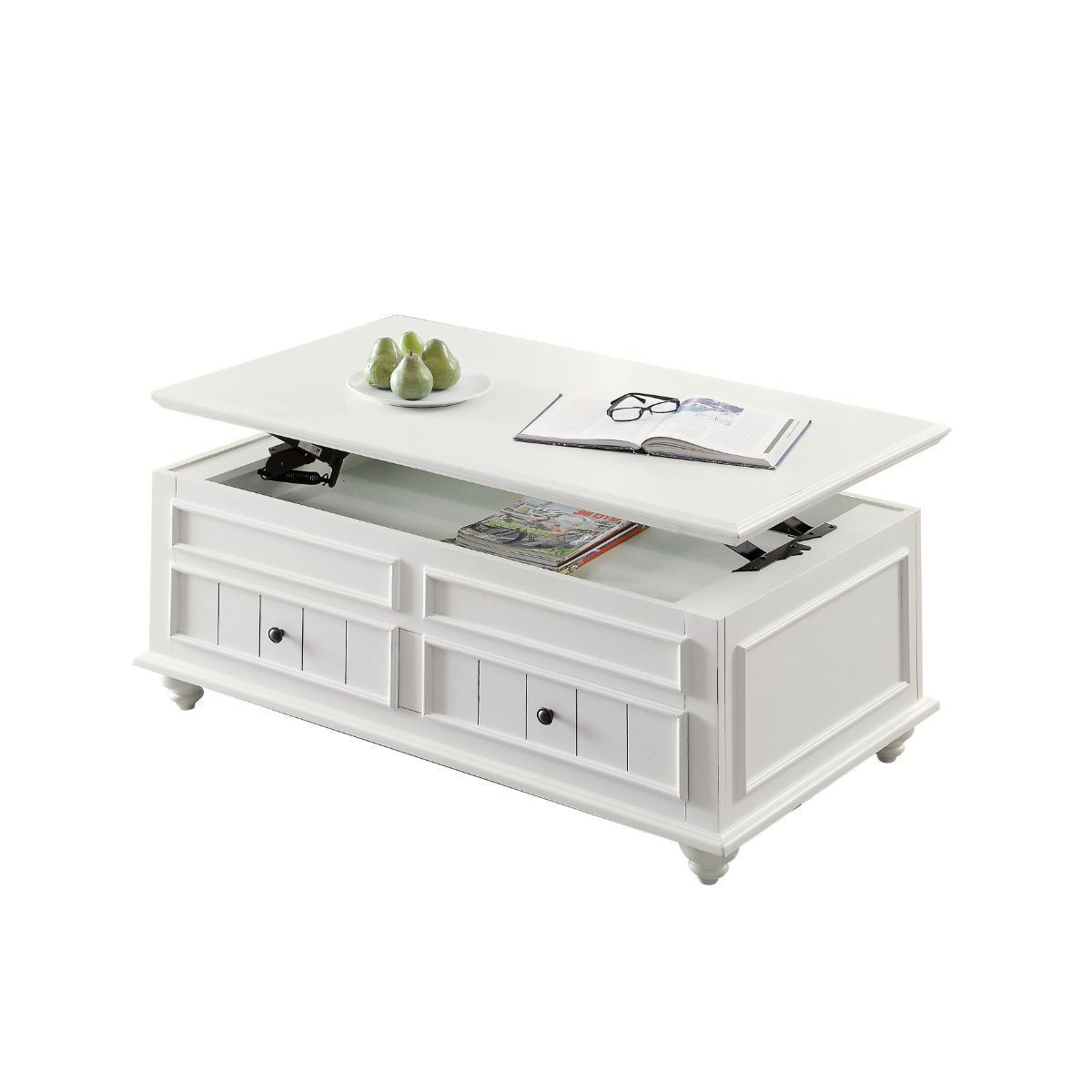 490742 27 x 48 x 28 in. White Washed Melamine Veneer & Solid Wood Rectangular Lift Top Coffee Table with Two Drawers