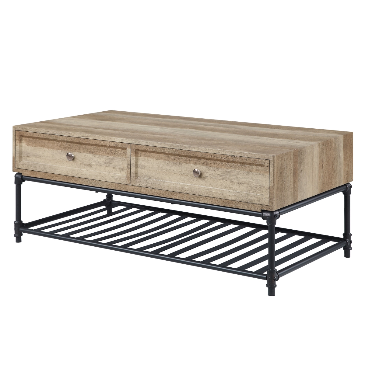 47 in. Paper Veneer & Metal Rectangular Coffee Table with Two Drawers & Shelf, Sandy Black & Oak