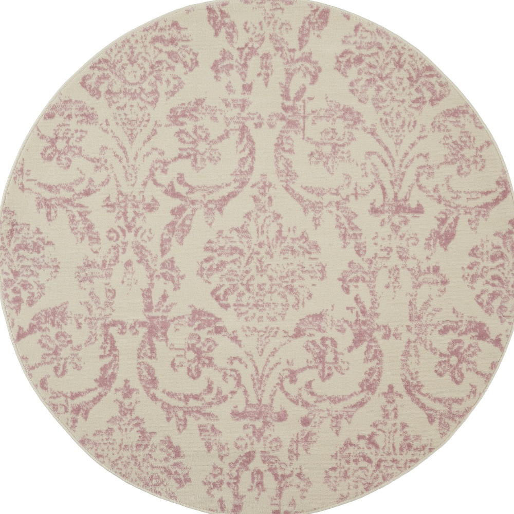 5 ft. Cream Damask Power Loom Round Area Rug - Cream - 5 ft.