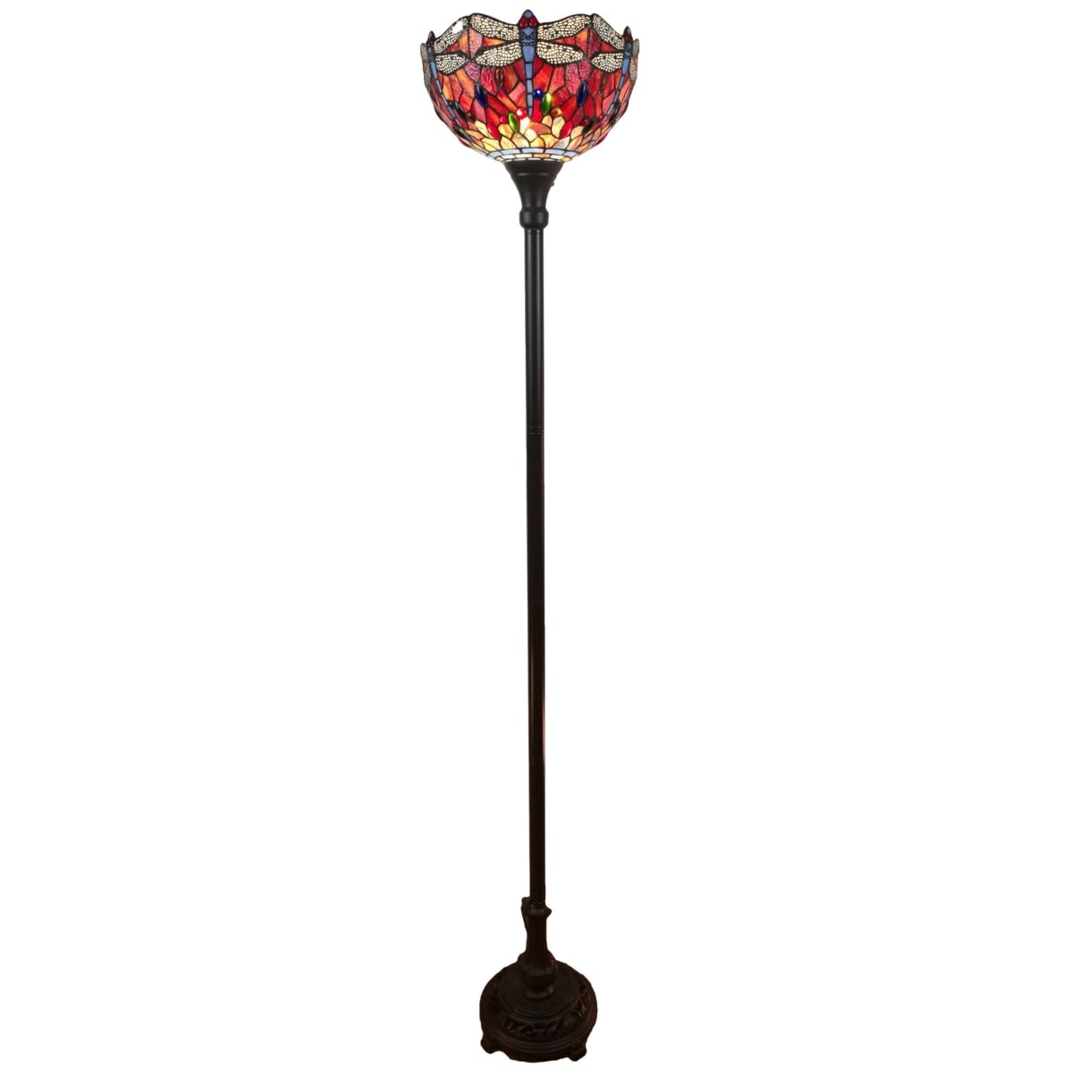 478074 69 x 14 x 14 in. Brown Traditional Shaped Floor Lamp with Red Yellow & Brown Dragonfly Stained Glass Dome Shade