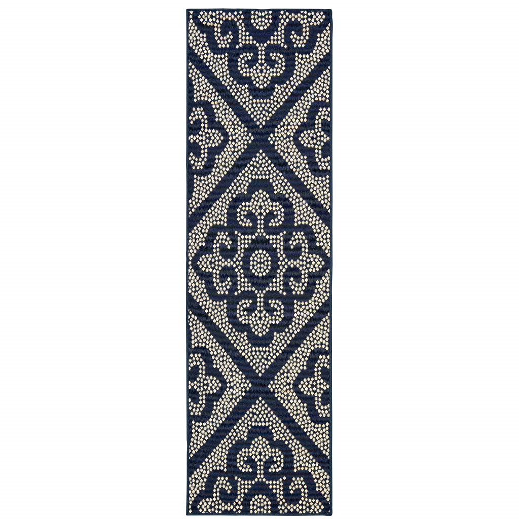 2 x 8 ft. Navy Geometric Stain Resistant Indoor & Outdoor Rectangle Area Rug - Blue and Ivory - 2 x 8 ft.