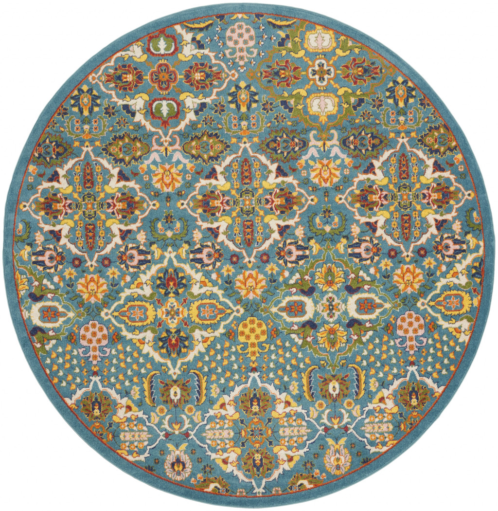 8 ft. Blue Floral Power Loom Round Area Rug - Blue - 8 ft.