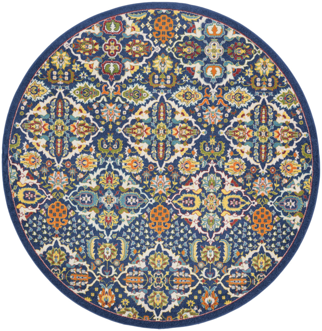 8 ft. Blue Floral Power Loom Round Area Rug - Blue - 8 ft.