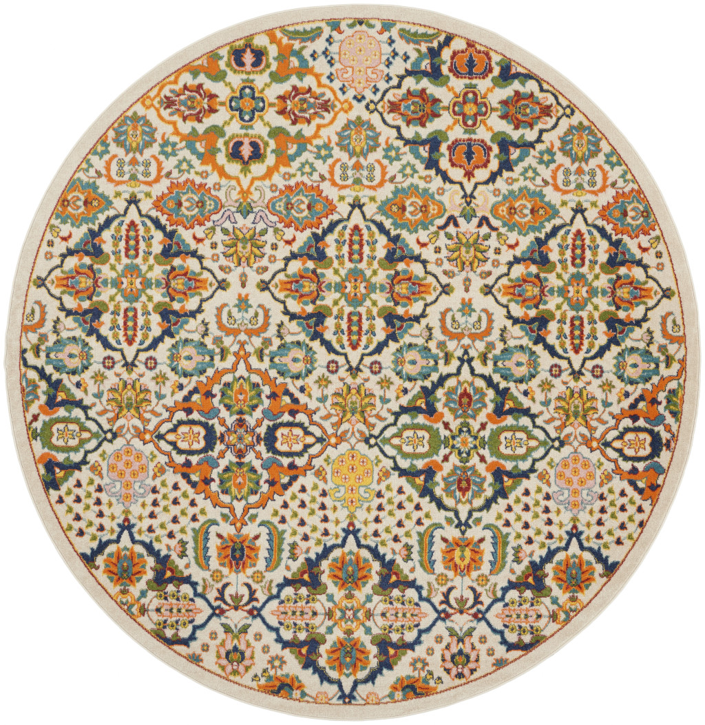 8 ft. Ivory Floral Power Loom Round Area Rug