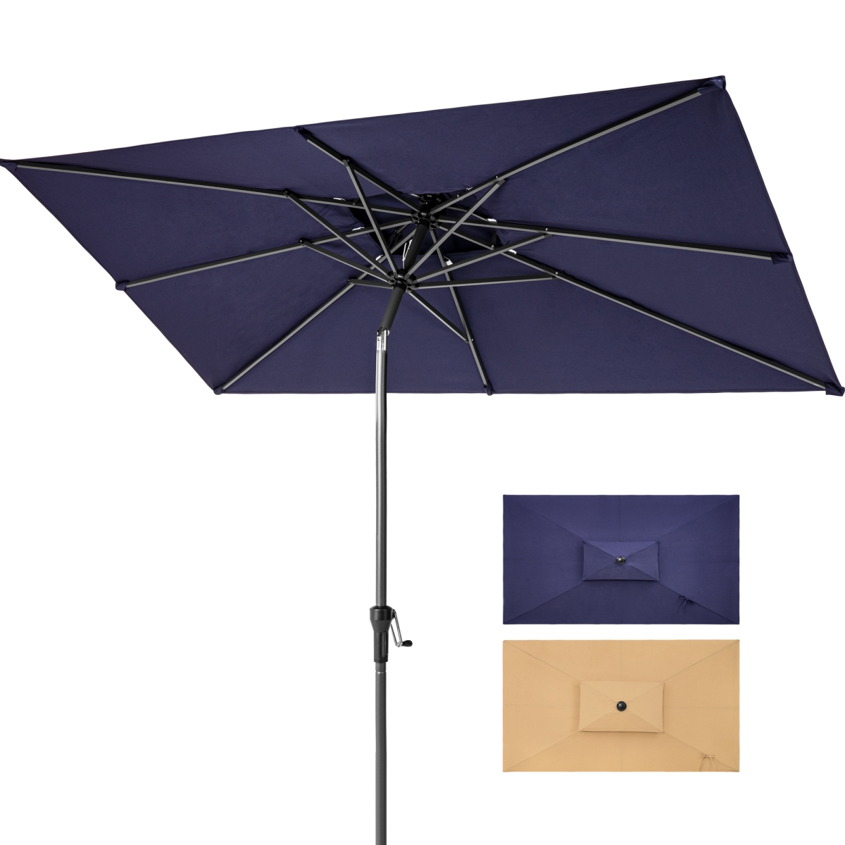 485612 10 ft. Navy Polyester Rectangular Tilt Market Patio Umbrella with Stand