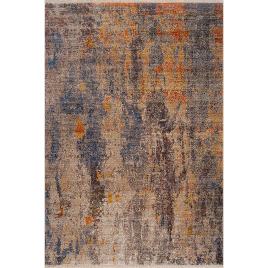 9 X 12 ft. Gray Beige Blue & Yellow Abstract Power Loom Distressed Stain Resistant Rectangle Area Rug