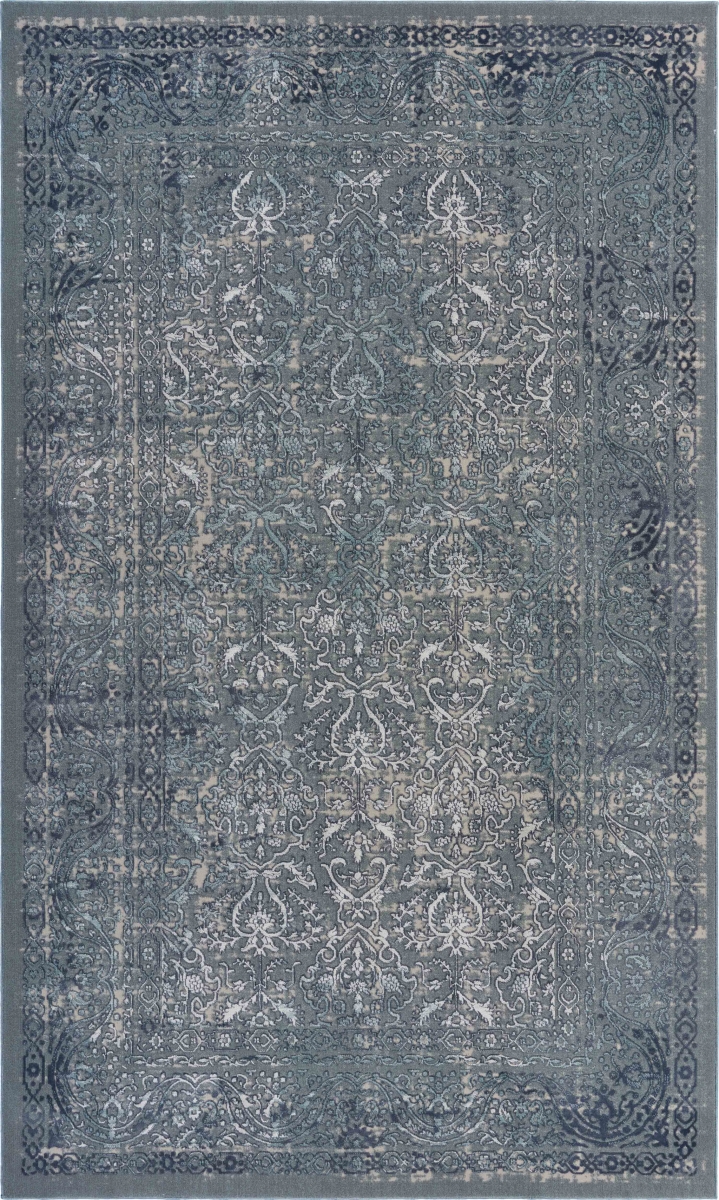 482953 2 x 3 ft. Blue Silver Gray & Cream Damask Distressed Stain Resistant Rectangle Area Rug