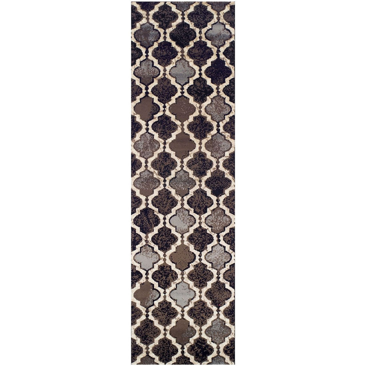 11 ft. Chocolate Quatrefoil Power Loom Distressed Stain Resistant Runner Area Rug - Chocolate