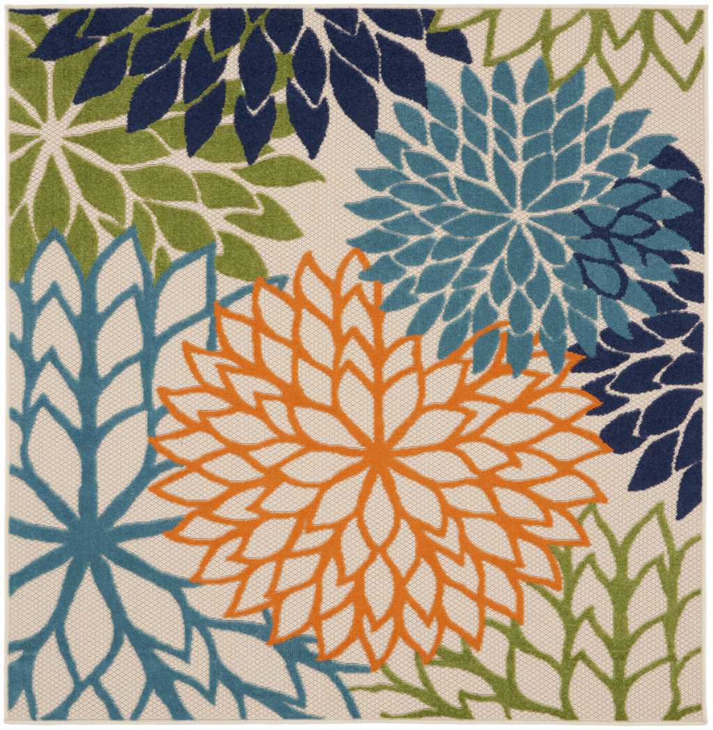 5 ft. Blue & Green Square Floral Power Loom Stain Resistant Area Rug