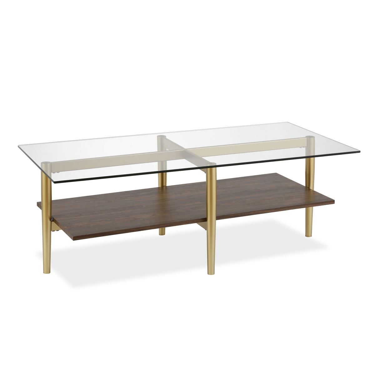 520946 17 x 47 x 22 in. Gold Glass & Walnut Rectangular Coffee Table with Shelf -  HomeRoots