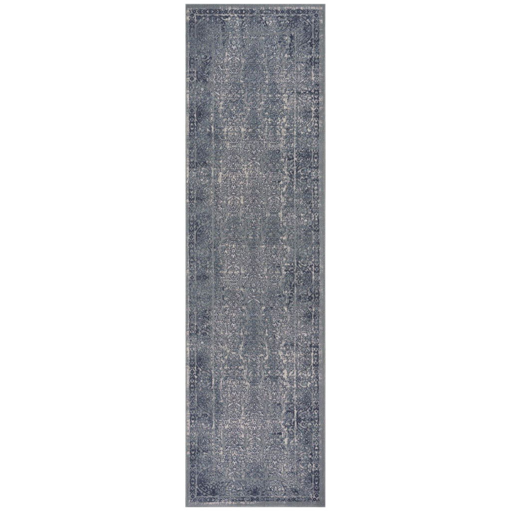 482954 8 ft. Blue Silver Gray & Cream Damask Distressed Runner Area Rug
