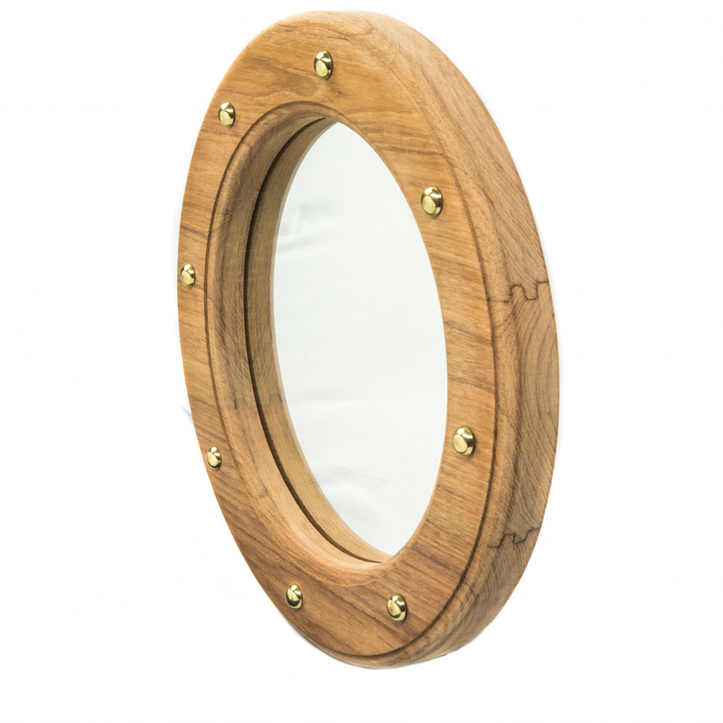 476685 11 in. Round Wall Mounted Teak Wood Mirror with Nautical Rivets, Brown
