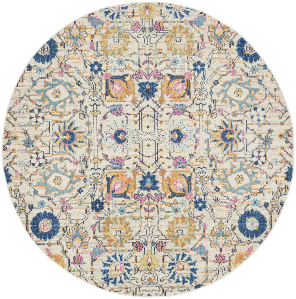 8 ft. Cream Floral Power Loom Round Area Rug - Cream - 8 ft.