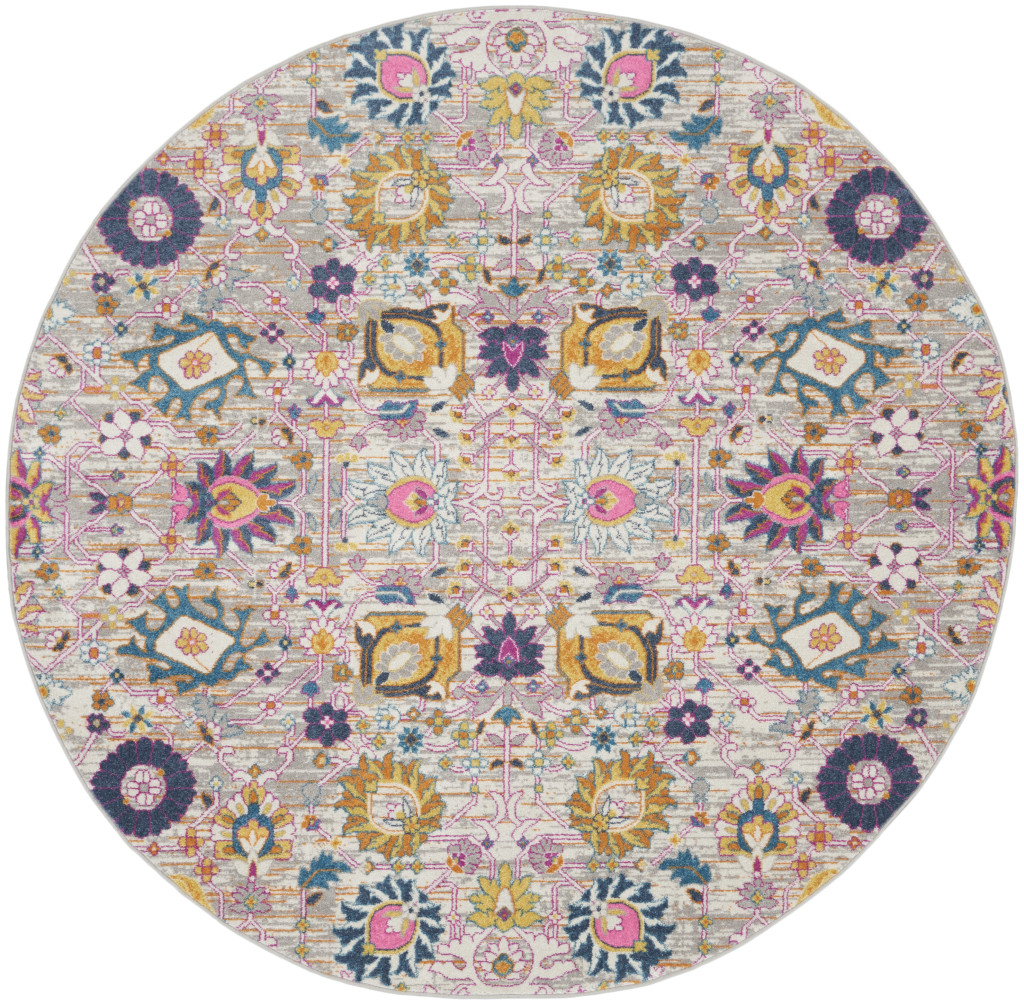 8 ft. Gray Floral Power Loom Round Area Rug - Gray - 8 ft.